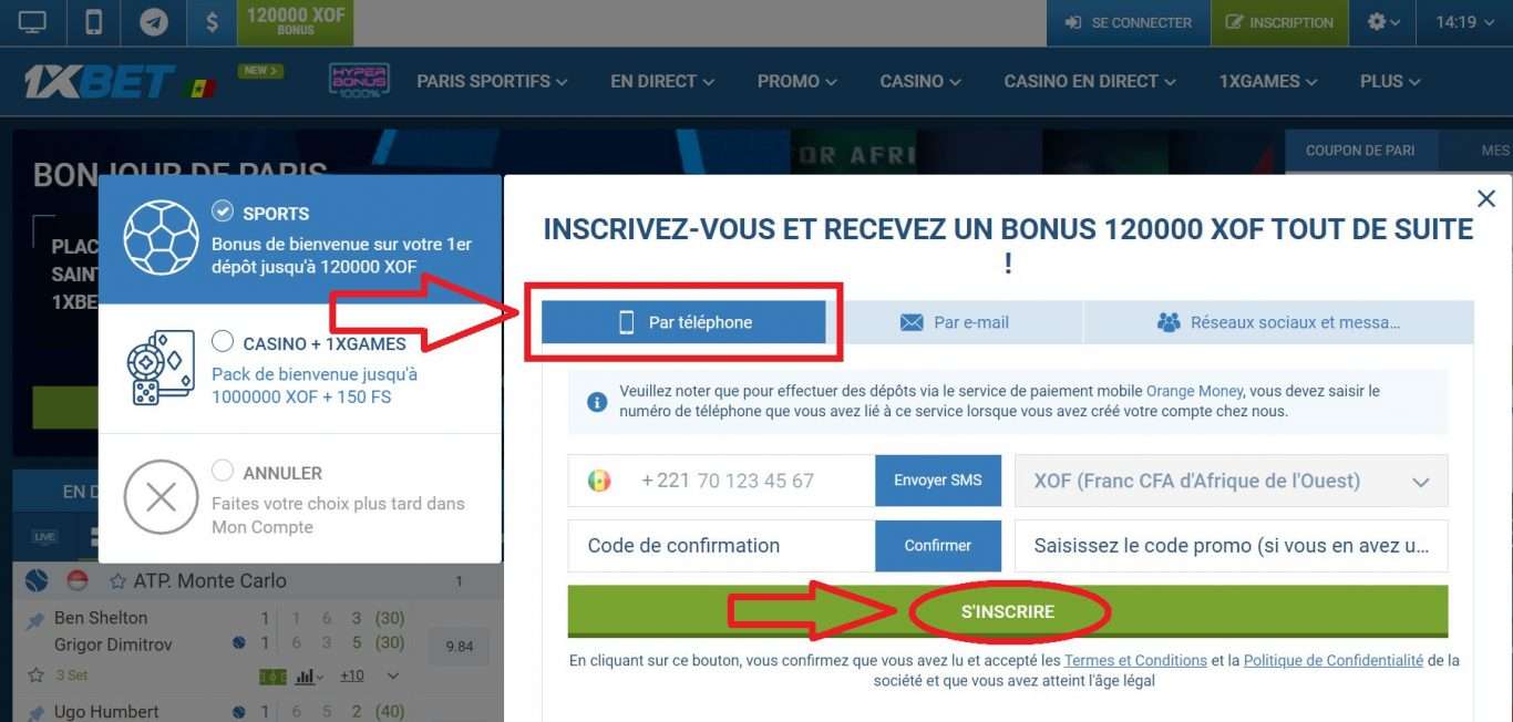 Étapes pour s'inscrire sur 1xBet au Sénégal